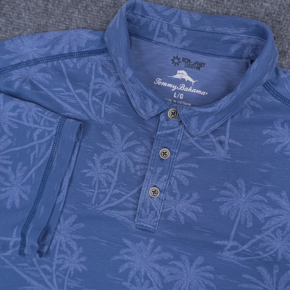 Tommy Bahama Polo Shirt Men Large Blue Palm Tree Print Tencel Blend Short Sleeve